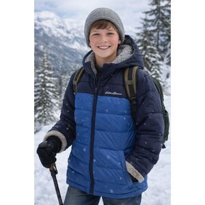 Eddie Bauer Kid XL 16 Blue Puffer Jacket Hooded Sherpa Lined Down Fill Warm Coat